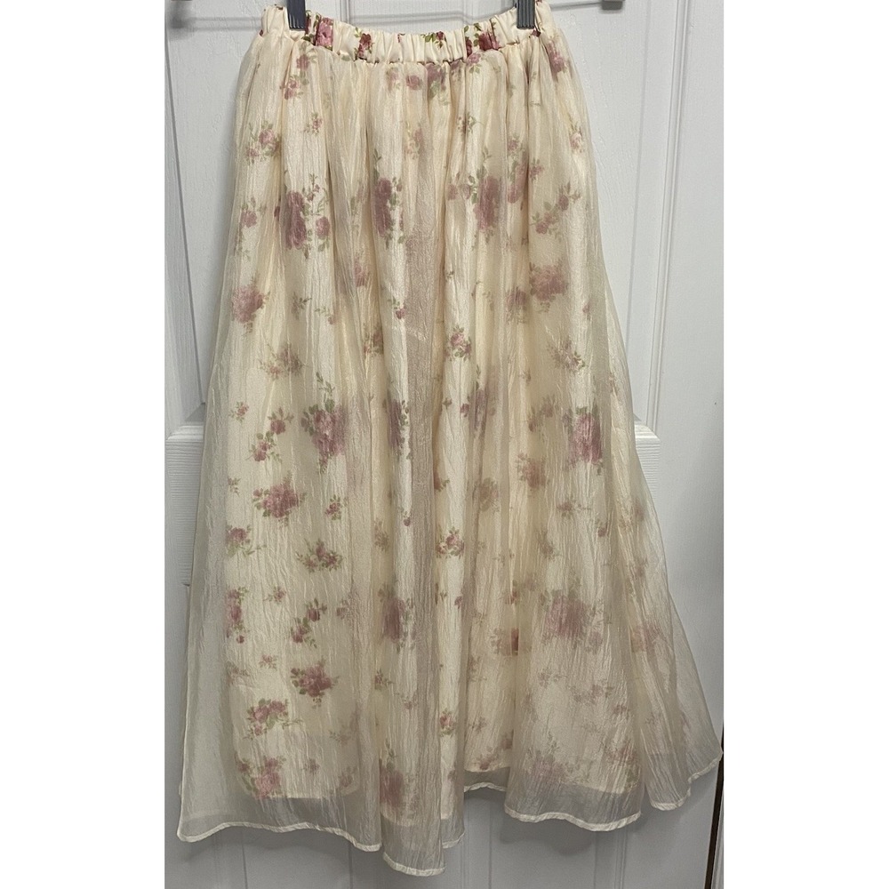 Rosie Posie Women's Ivory&Pink Floral Maxi Cottagecore Flowy Long Skirt EUC-M